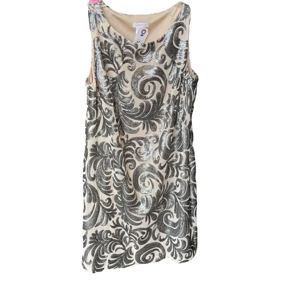 Cache Silver Sequins Sleeveless Cocktail Shift Dress Size Small